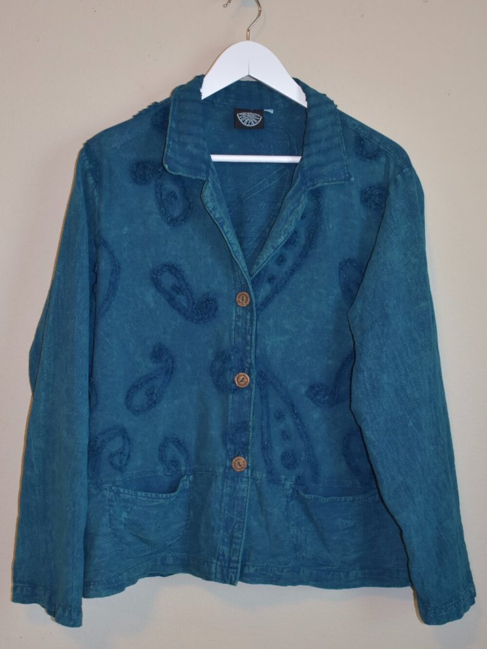 Produce Company Teal Chenille Paisley Jacket XL Made USA Boho Lagenlook